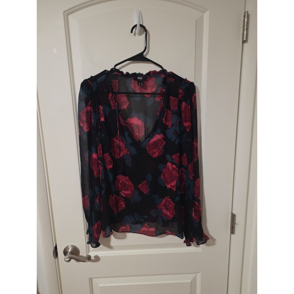 Paige Silk Dark Floral Ruffle Blouse Womens M  Sheer Romantic Top Whimsigoth